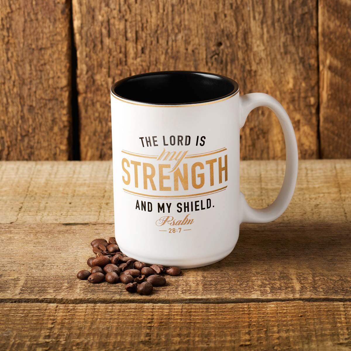 Strength and Shield White and Black Ceramic Coffee Mug - Psalm 28:7 by Christian Art Gifts, product view 4