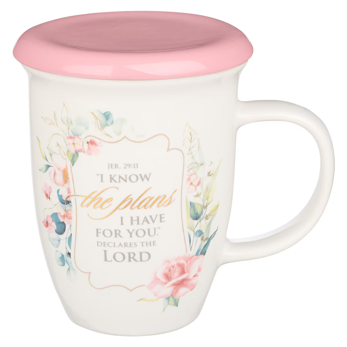 I Know the Plans Pink Lidded Ceramic Coffee Mug - Jeremiah 29:11 by Christian Art Gifts