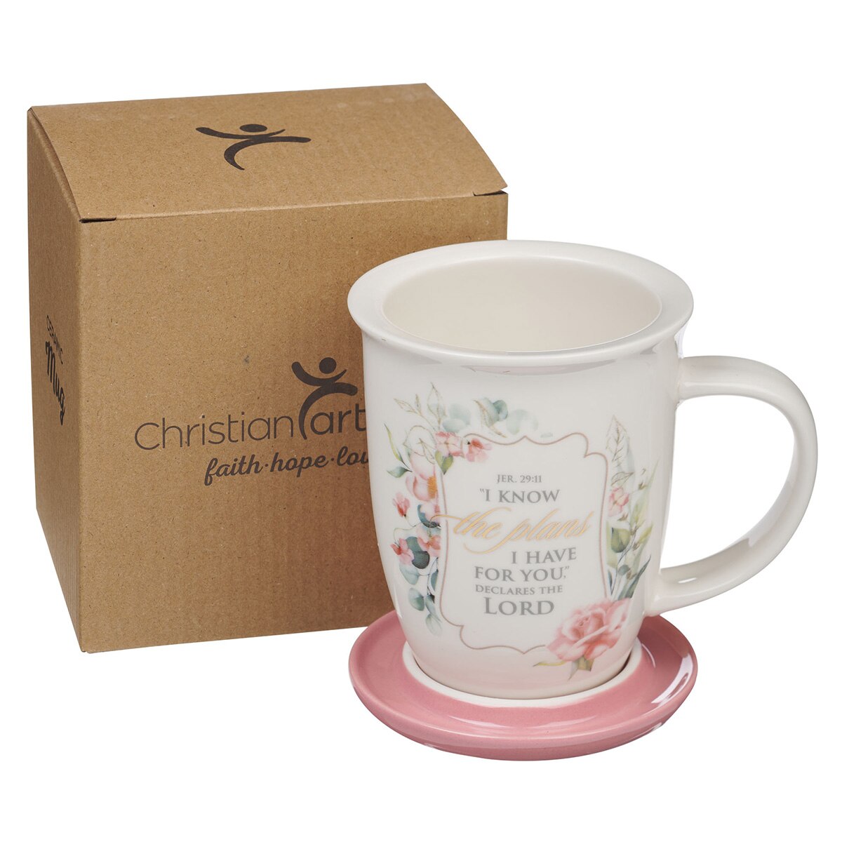 I Know the Plans Pink Lidded Ceramic Coffee Mug - Jeremiah 29:11 by Christian Art Gifts, product view 5