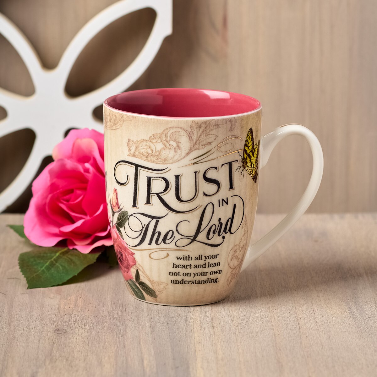 Trust In The Lord Blush Pink Floral Ceramic Mug - Proverbs 3:5 by Christian Art Gifts, product view 5