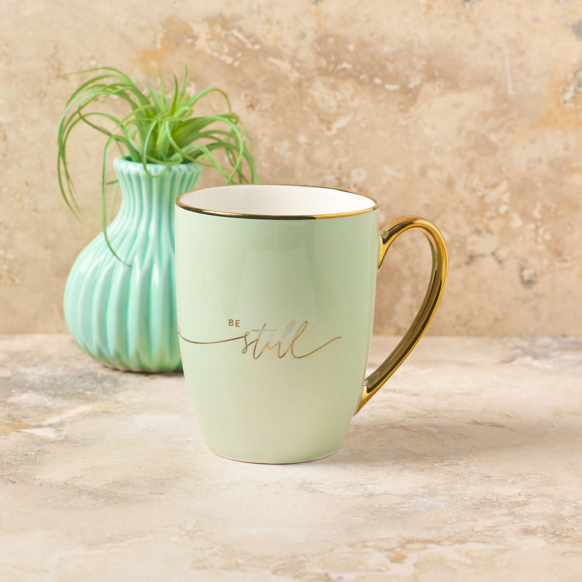 Be Still Soft Green and Gold Ceramic Coffee Mug by Christian Art Gifts, product view 4