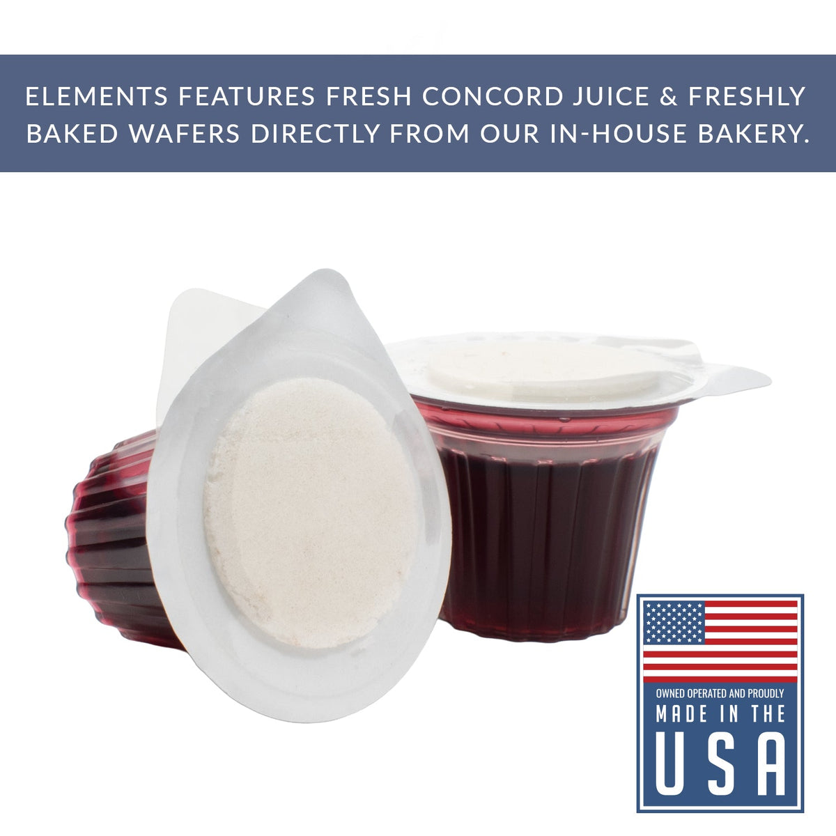 Elements prefilled communion cup label graphic with product features listed