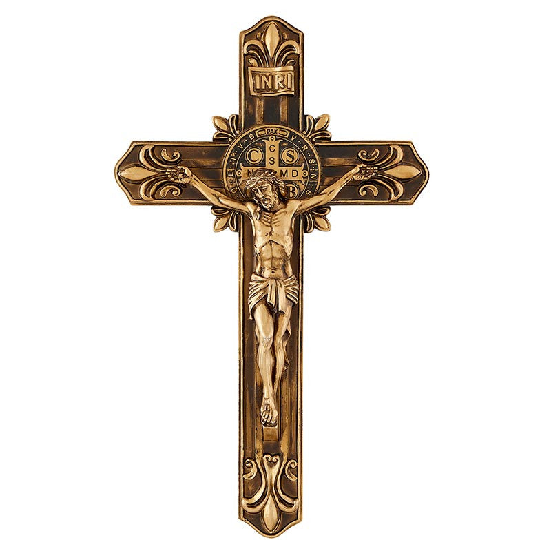 12.5" H Saint Benedict Antique Gold Fleur-De-Lis Wall Crucifix