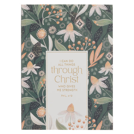 The Through Christ Green Floral Medium Notebook - Philippians 4:13 by Christian Art Gifts