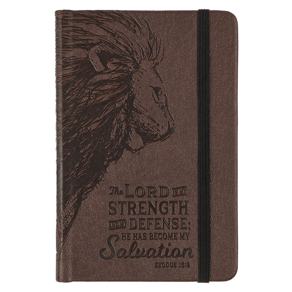 Strength and Defense Lion Walnut-Brown Faux Leather Hardcover Notebook with Elastic Band Closure - Exodus 15:2