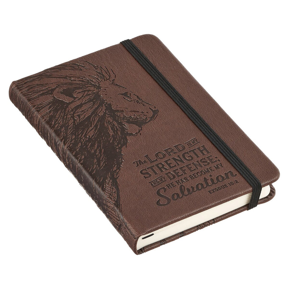 Strength and Defense Lion Walnut-Brown Faux Leather Hardcover Notebook with Elastic Band Closure - Exodus, product view 2