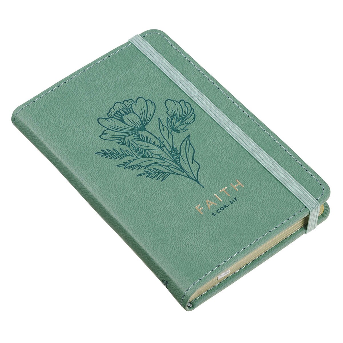 Faith Teal Floral Faux Leather Hardcover Notebook with Elastic Band Closure - 2 Corinthians 5:7, product view 2