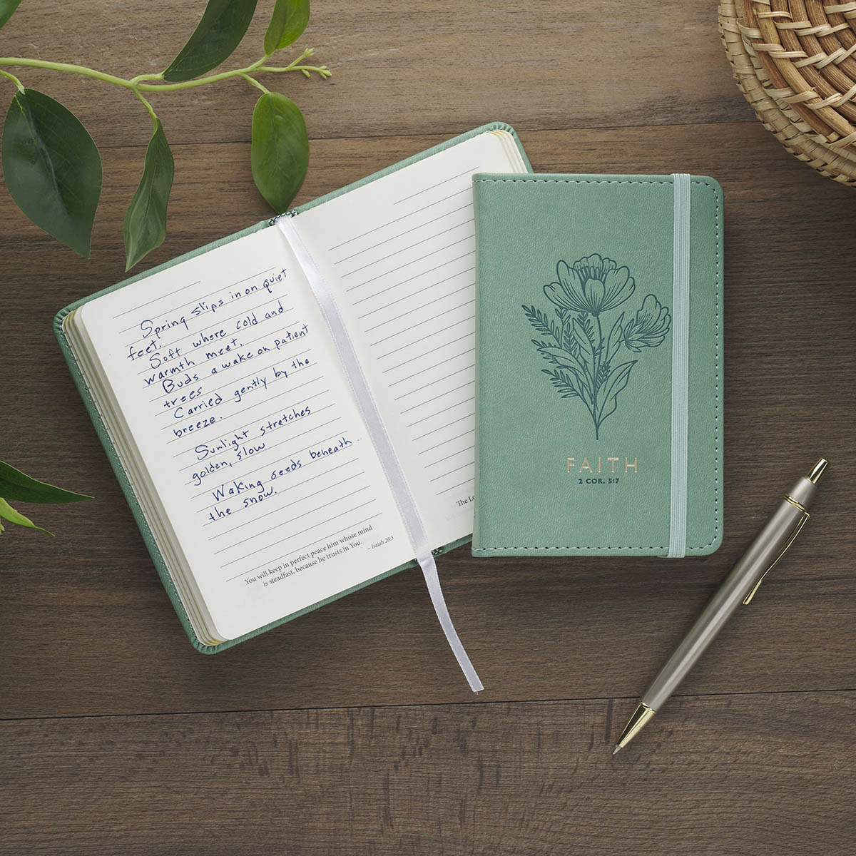 Faith Teal Floral Faux Leather Hardcover Notebook with Elastic Band Closure - 2 Corinthians 5:7, product view 4