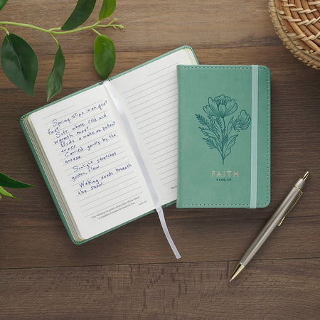 Faith Teal Floral Faux Leather Hardcover Notebook with Elastic Band Closure - 2 Corinthians 5:7, product view 4