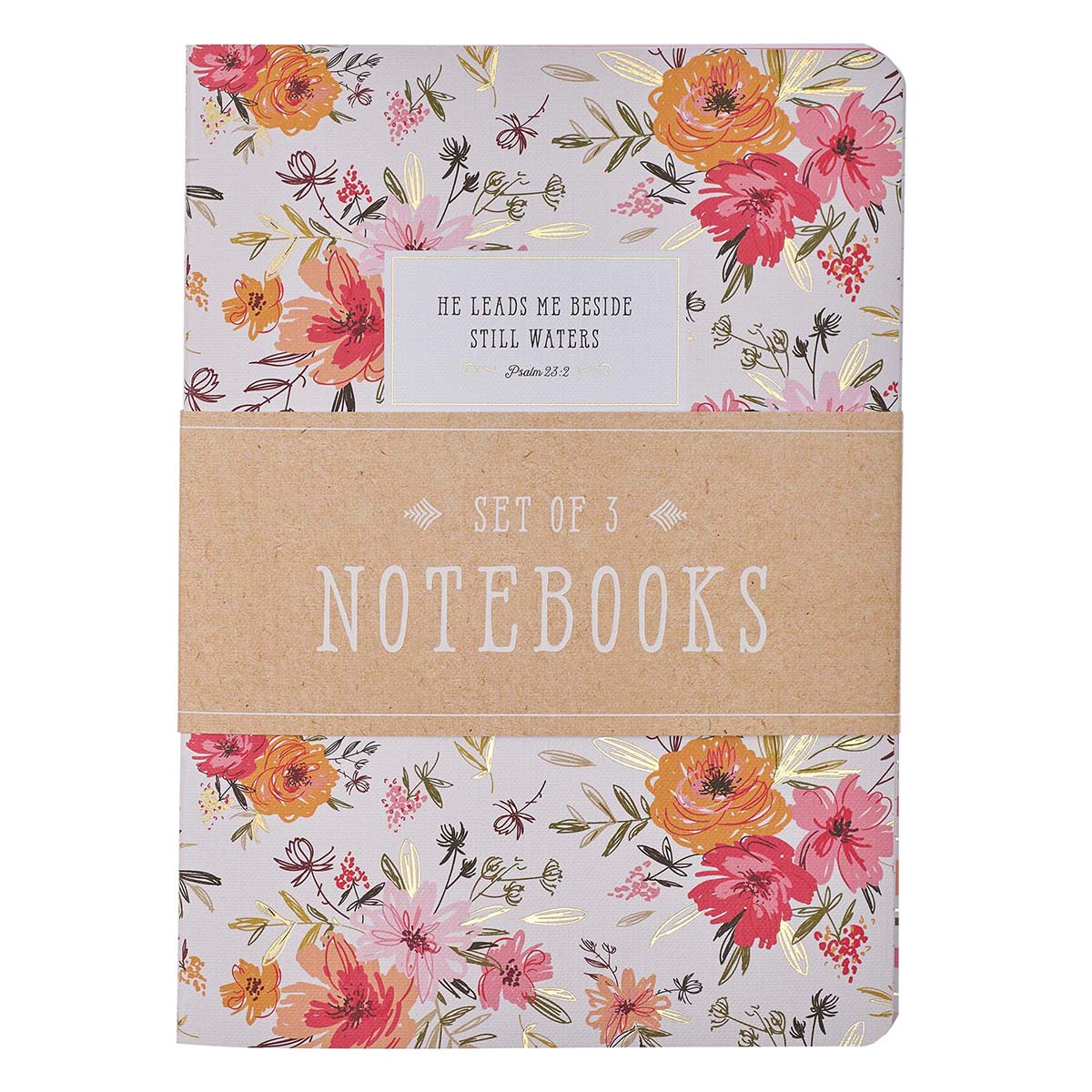 He Leads Me Pink Floral Large Notebook Set - Psalm 23:2 by Christian Art Gifts
