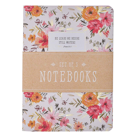 He Leads Me Pink Floral Large Notebook Set - Psalm 23:2 by Christian Art Gifts