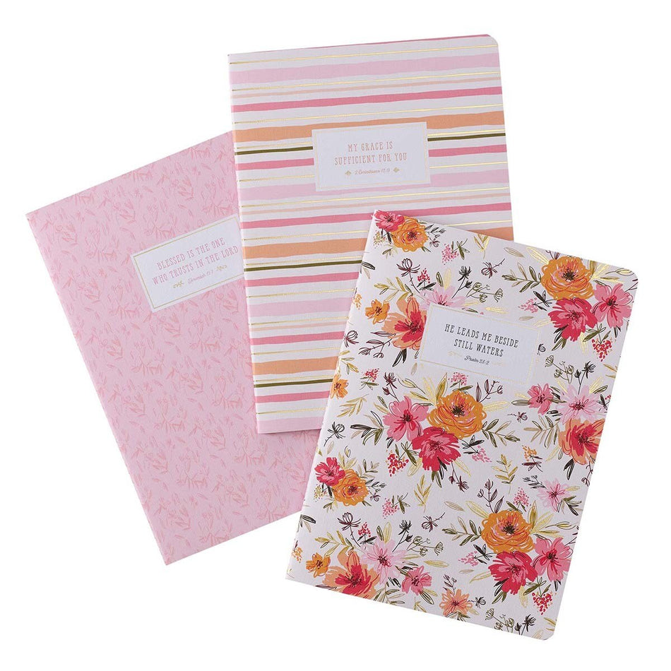 He Leads Me Pink Floral Large Notebook Set - Psalm 23:2 by Christian Art Gifts, product view 2