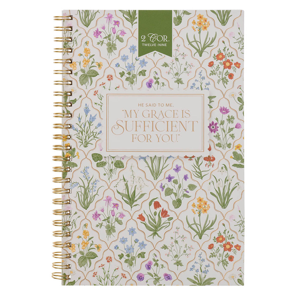 Sufficient Grace Taupe Meadow Soft Cover Spiral Notebook - 2 Corinthians 12:9 by Christian Art Gifts