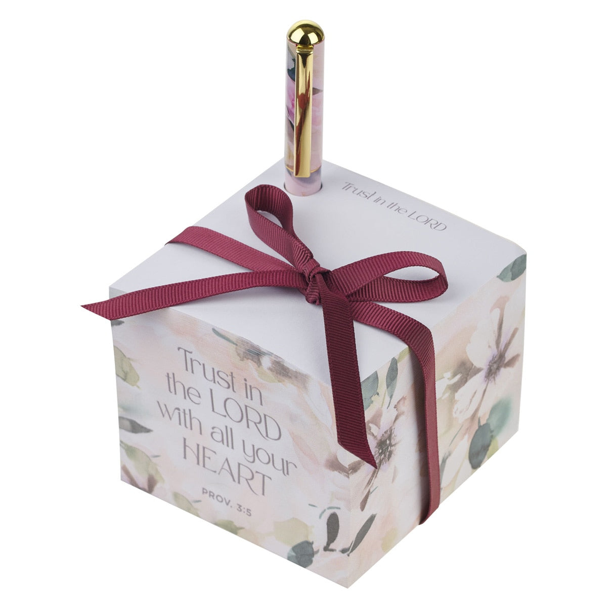 Trust in the Lord Purple Blooms Note Block with a Pen - Proverbs 3:5 by Christian Art Gifts