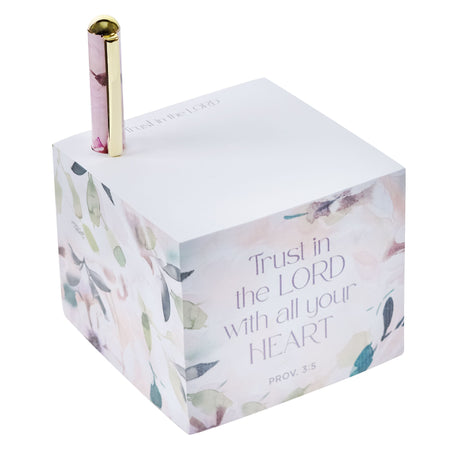 Trust in the Lord Purple Blooms Note Block with a Pen - Proverbs 3:5 by Christian Art Gifts, product view 2