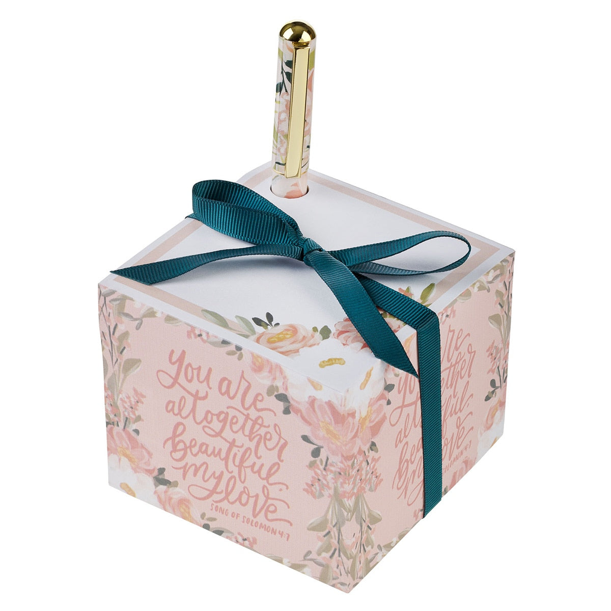 You Are Altogether Beautiful Pink Floral Note Block with Pen Set - Song of Solomon 4:7 by Christian Art Gifts