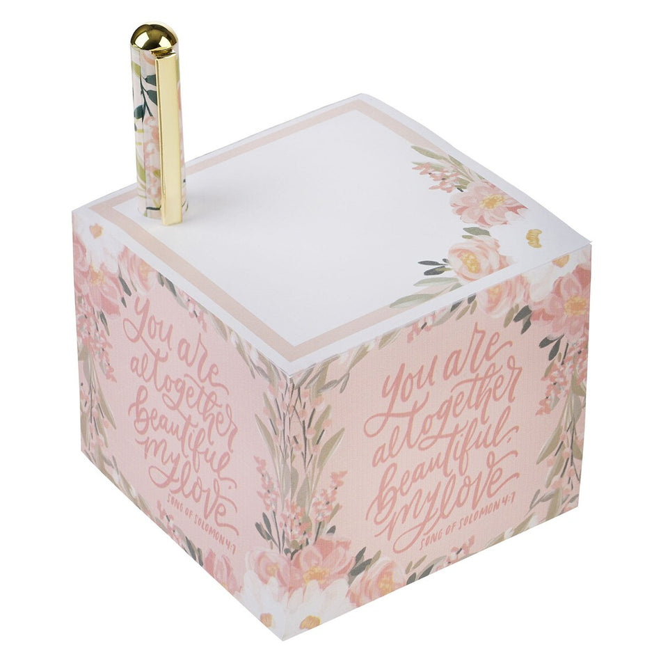 You Are Altogether Beautiful Pink Floral Note Block with Pen Set - Song of Solomon 4:7 by Christian Art Gifts, product view 2