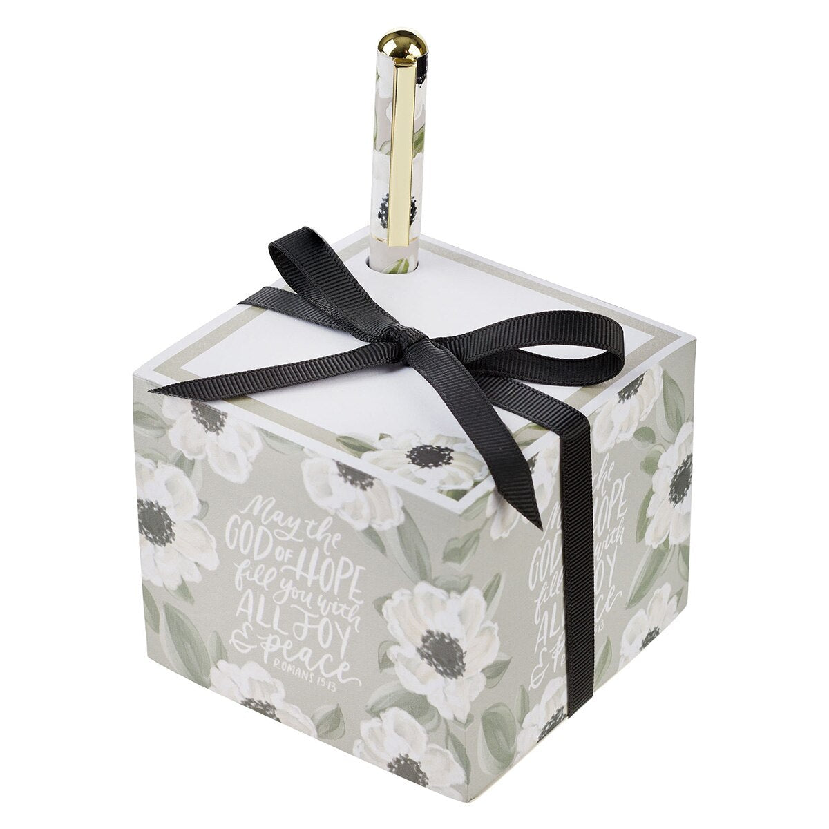 Joy and Peace Monochromatic Floral Note Block with Pen Set - Romans 15:13 by Christian Art Gifts