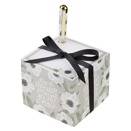 Joy and Peace Monochromatic Floral Note Block with Pen Set - Romans 15:13 by Christian Art Gifts