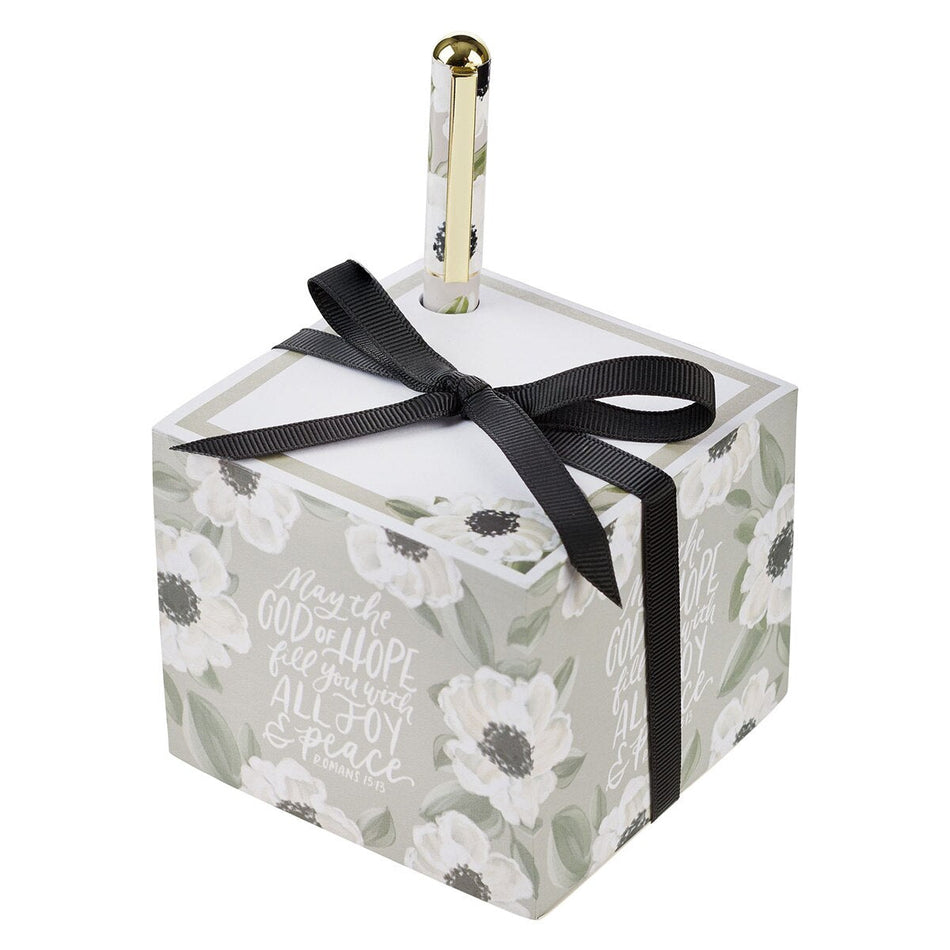 Joy and Peace Monochromatic Floral Note Block with Pen Set - Romans 15:13 by Christian Art Gifts