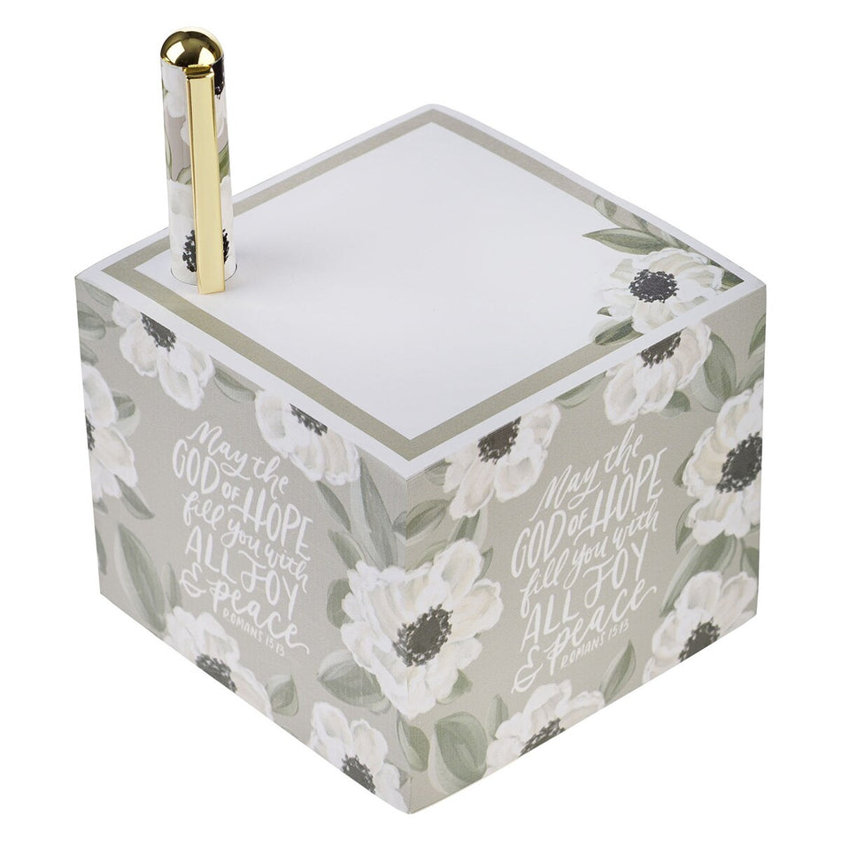 Joy and Peace Monochromatic Floral Note Block with Pen Set - Romans 15:13 by Christian Art Gifts, product view 2