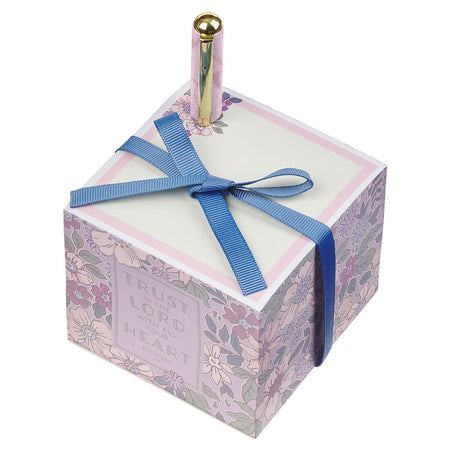 Trust in the Lord Purple Spring Floral Note Block with Pen Gift Set - Proverbs 3:5 by Christian Art Gifts