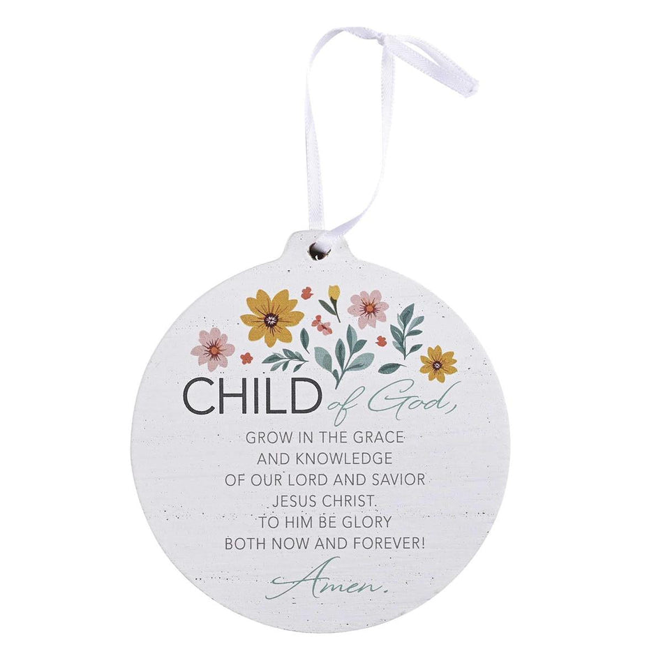 Child of God - Floral Design - 4 Inch White MDF Wood Decorative Hanging Ornament by Dicksons