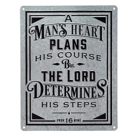 A Man's Heart Vintage Galvanized Metal Wall Art - Proverbs 16:9 by Christian Art Gifts