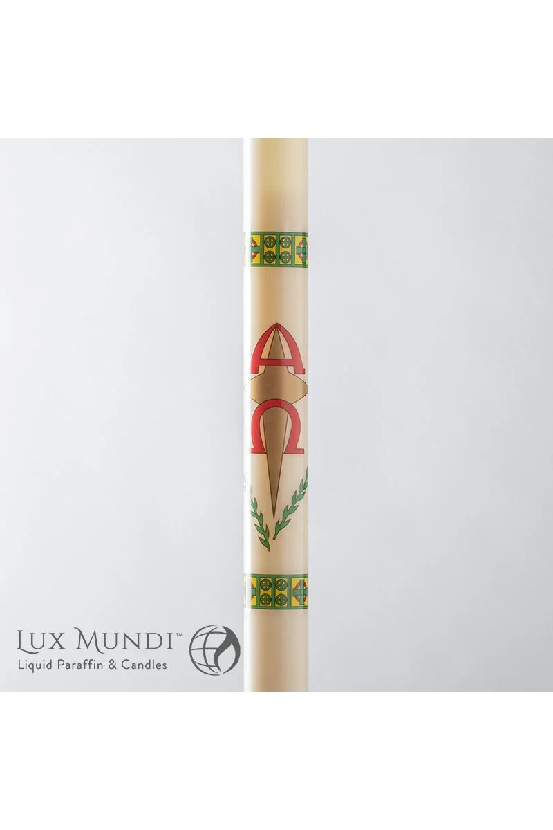 Paschal Candle Alpha and Omega Design- Refillable, one of the items in the Refillable Alpha and Omega Paschal Candle with Liquid Paraffin and Wicks. A photograph of the assembled set is pending.