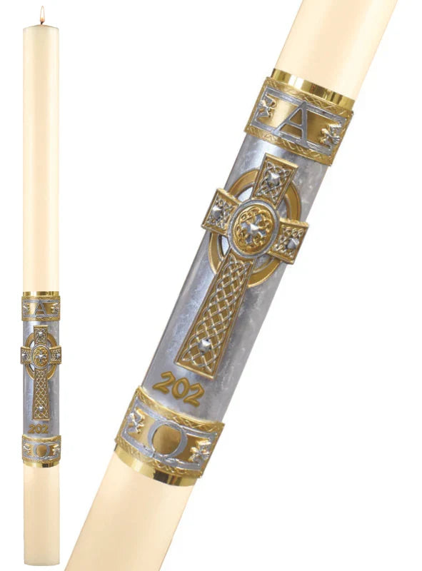 Paschal Candle - Aureum, one of the items in the Aureum Paschal Candle with Matching Side Altar Candles. A photograph of the assembled set is pending.