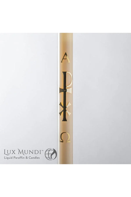 Paschal Candle Brass Chi Rio Design - Refillable, one of the items in the Refillable Brass Chi Rho Paschal Candle with Liquid Paraffin and Wicks. A photograph of the assembled set is pending.