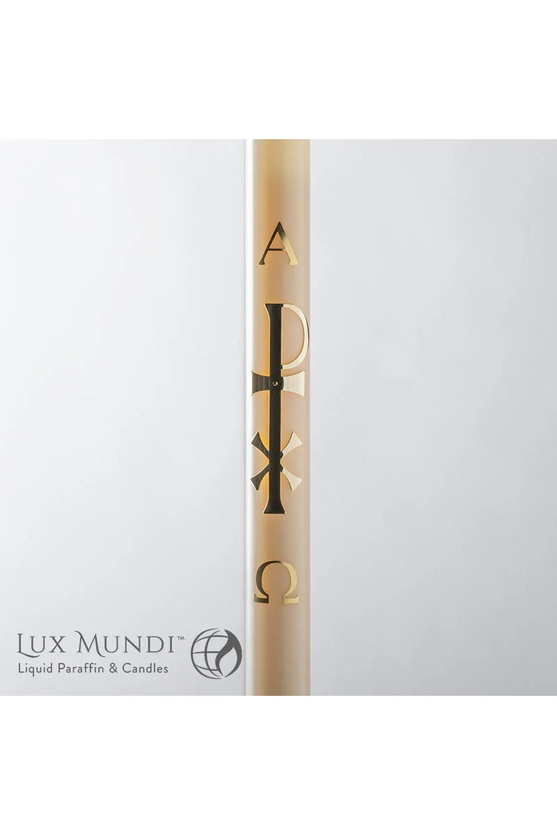 Paschal Candle Brass Chi Rio Design - Refillable, one of the items in the Refillable Brass Chi Rho Paschal Candle with Liquid Paraffin and Wicks. A photograph of the assembled set is pending.