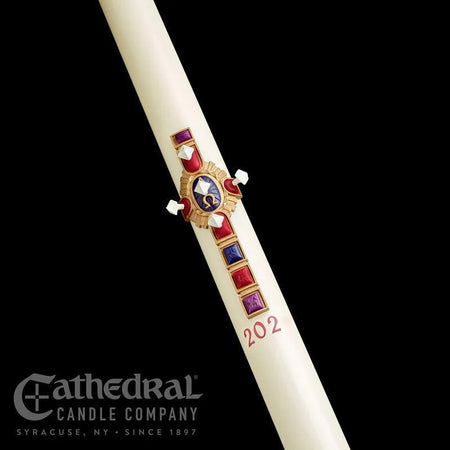 Paschal Candle - Christ Victorious, one of the items in the Christ Victorious Paschal Candle with Matching Side Altar Candles. A photograph of the assembled set is pending.