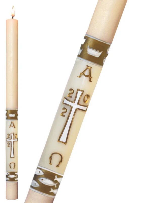 Paschal Candle - Gold Gloria, one of the items in the Gold Gloria Paschal Candle with Matching Side Altar Candles. A photograph of the assembled set is pending.