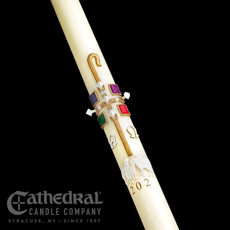 Paschal Candle - Good Shepherd, one of the items in the Good Shepherd Paschal Candle with Matching Side Altar Candles. A photograph of the assembled set is pending.