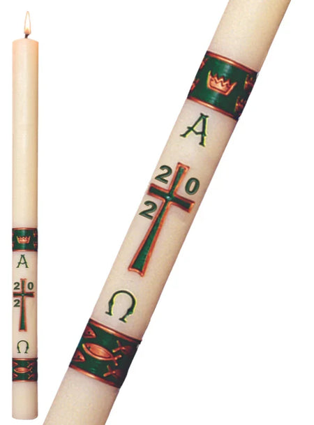 Paschal Candle - Green Gloria, one of the items in the Green Gloria Paschal Candle with Matching Side Altar Candles. A photograph of the assembled set is pending.