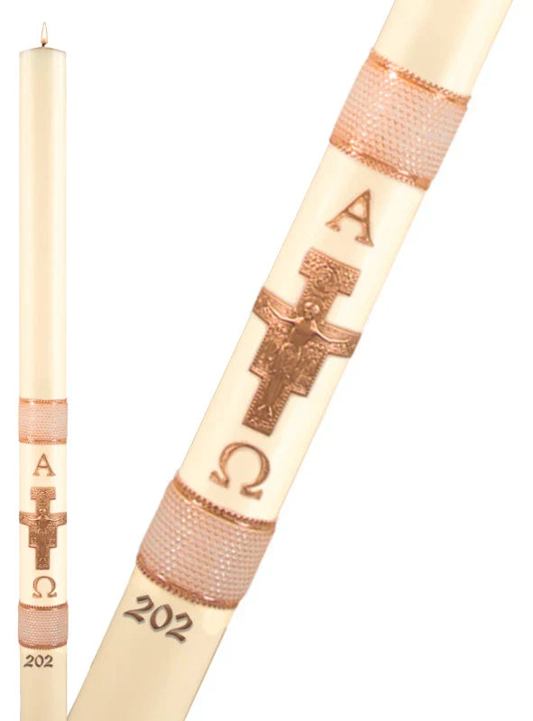 Paschal Candle - Holy Cross of San Damiano, one of the items in the Holy Cross of San Damiano Paschal Candle with Matching Side Altar Candles. A photograph of the assembled set is pending.