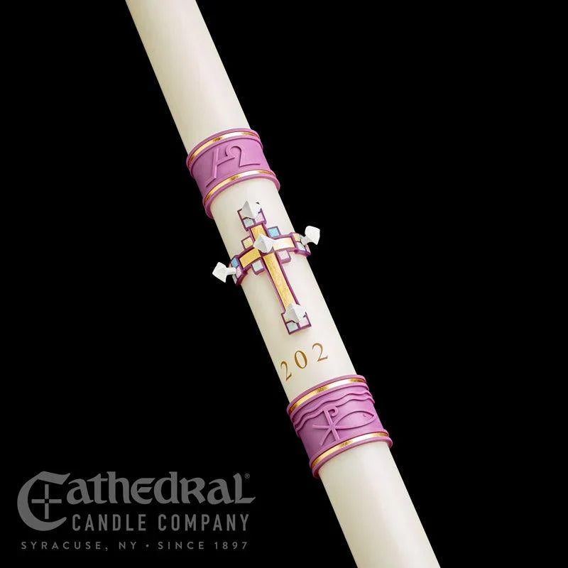 Paschal Candle - Jubilation, one of the items in the Jubilation Paschal Candle with Matching Side Altar Candles. A photograph of the assembled set is pending.
