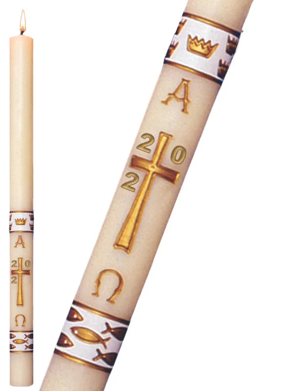 Paschal Candle - White Gloria, one of the items in the White Gloria Paschal Candle with Matching Side Altar Candles. A photograph of the assembled set is pending.