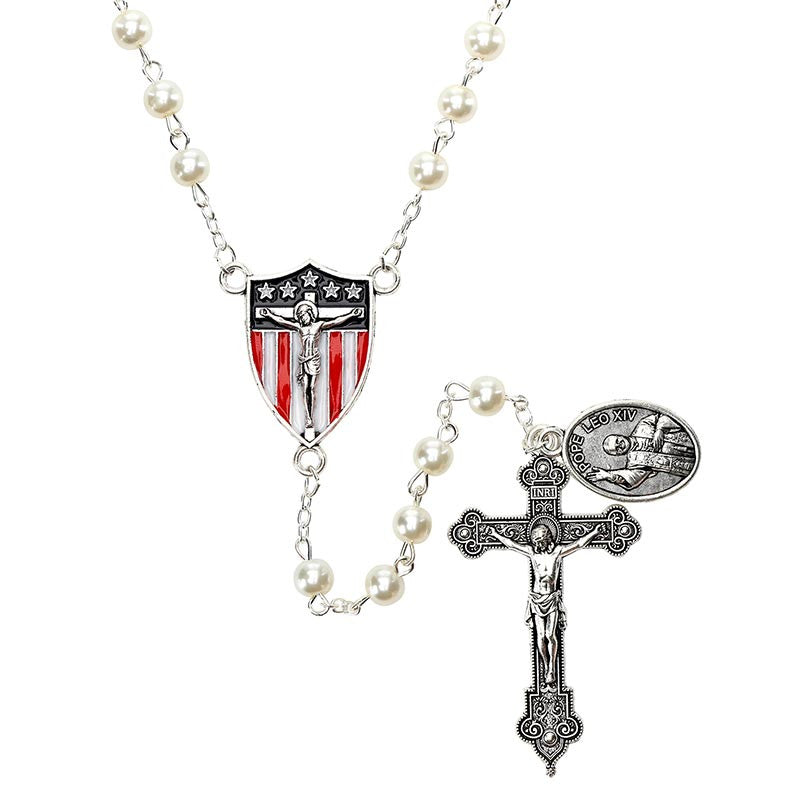 Pope Leo XIV Glass Pearl Rosary