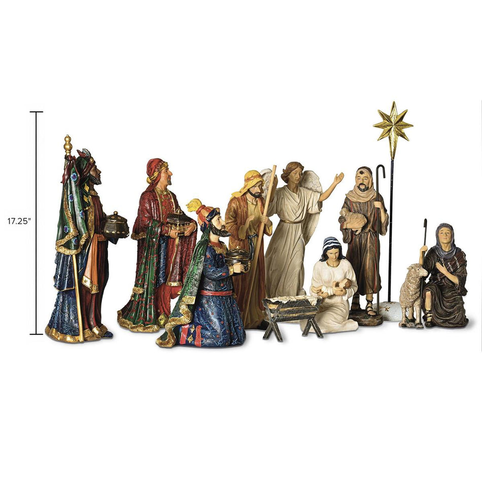 Nativity 11 Piece Figurine Set 14H, one of the items in the Real Life Nativity 14-Inch Complete Set: Figures, Lighted Stable, Animals and Palm Tree. A photograph of the assembled set is pending.