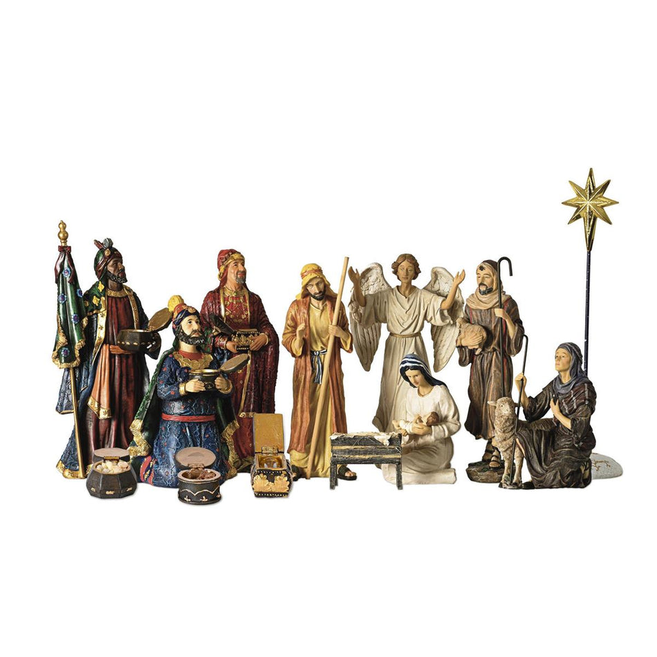 7H Nativity - 14 Pieces-figures/gift chests (RLN030), one of the items in the Real Life Nativity 7-Inch Complete Set: Figures, Lighted Stable, Animals and Palm Tree. A photograph of the assembled set is pending.