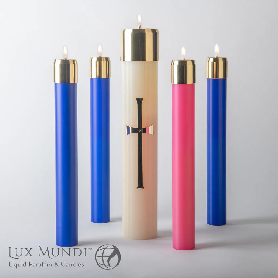Refillable Advent Candles -3 Blue 1 Rose, one of the items in the Refillable Advent Oil Candles, Three Blue and One Rose, with Refillable Christ Candle, Oil and Wicks. A photograph of the assembled set is pending.