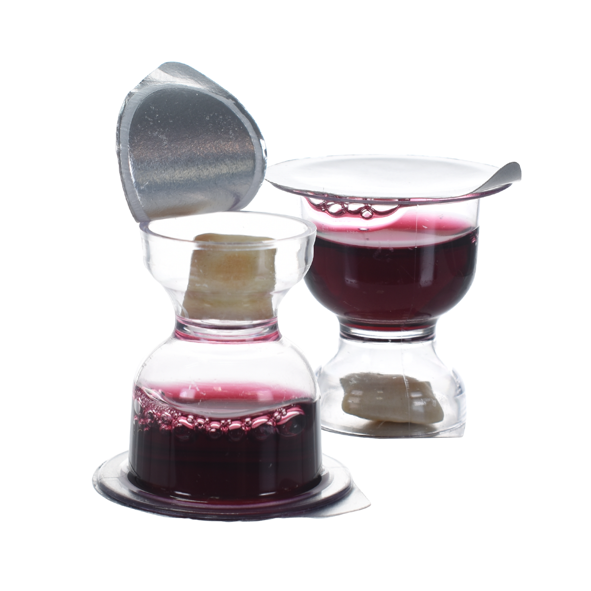 WCC Chalice Communion prefilled communion cup with Concord grape juice and bread, lid partially opened