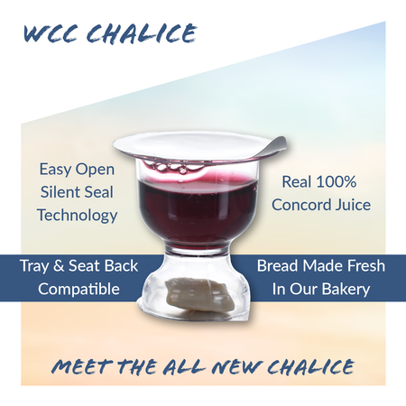 WCC Chalice Communion product graphic highlighting bread and grape juice compartments
