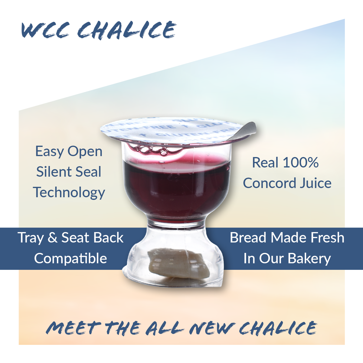 WCC Chalice Communion product graphic showing gluten-free bread and grape juice compartments