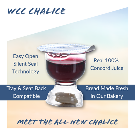 WCC Chalice Communion product graphic showing gluten-free bread and grape juice compartments