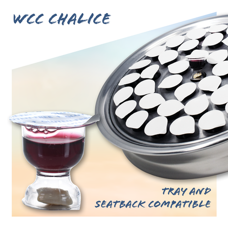 Silver communion tray filled with sealed WCC Chalice gluten-free prefilled communion cups