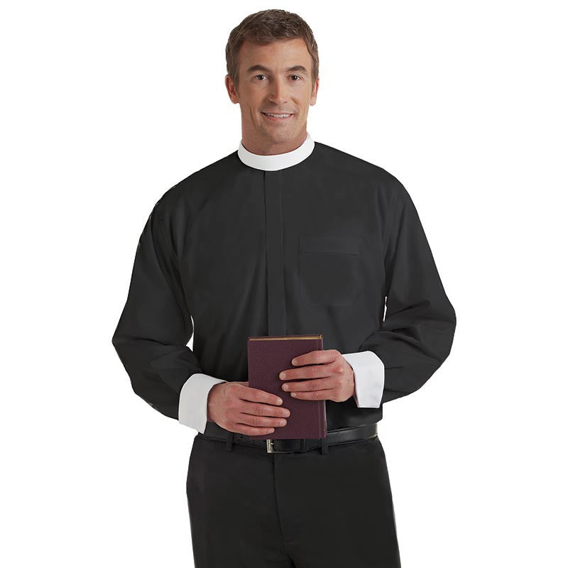 French Cuff Banded Collar Shirt - Black with White Cuff
