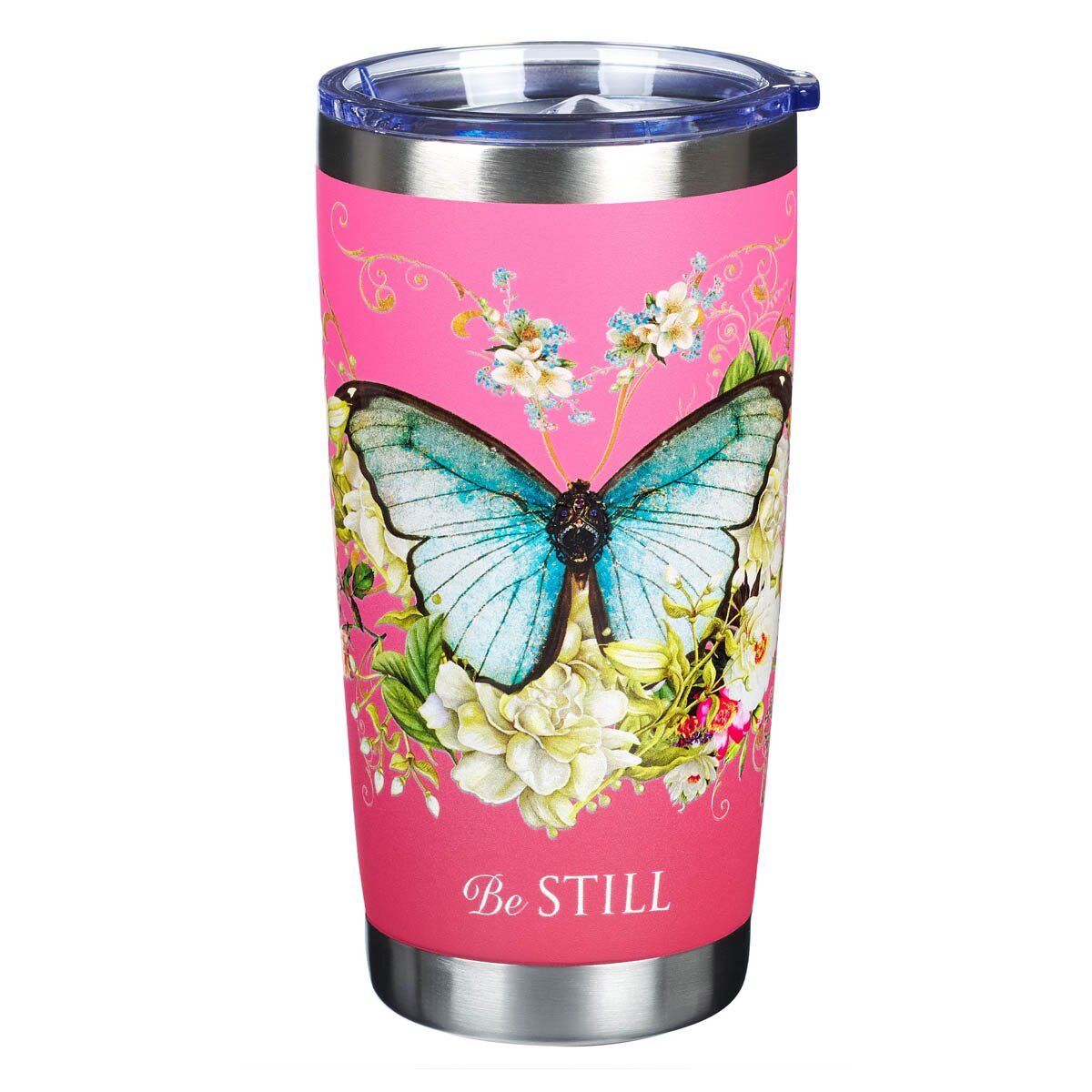 Pink Be Still Butterfly Stainless Steel Travel Tumbler - Psalm 46:10 by Christian Art Gifts